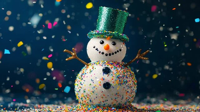 raditional real snowman on a dark blue solid color background with flying red gold and green metallic confetti