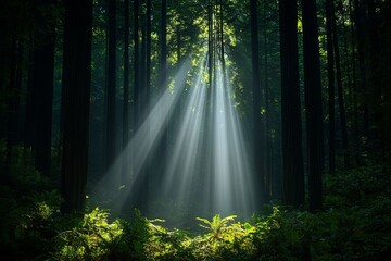 Fototapeta premium Serene forest with sunlight beams filtering through tall trees, creating a mystical atmosphere in lush greenery.