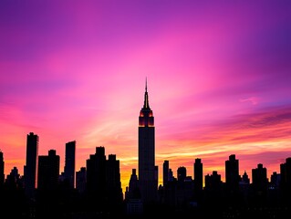 Obraz premium Stunning sunset silhouette of a city skyline, featuring an iconic skyscraper against a vibrant purple and orange sky.