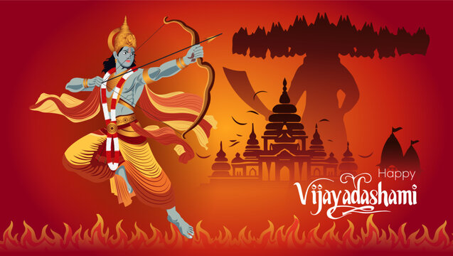   A festive greeting for Vijayadashami It features Lord Rama as a warrior drawing his bow with Ravana&rsquo;s silhouette and a city skyline behind him Text reads Happy Vijayadashami