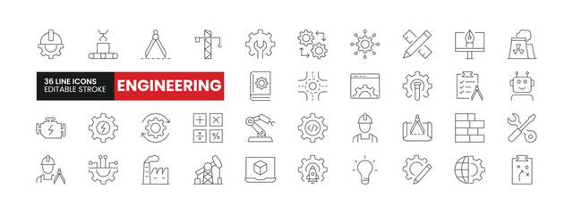 Set of 36 Engineering line icons set. Engineering outline icons with editable stroke collection. Includes Manufacturing, Software Engineer, Prototpye, Architect, Blueprint, and More.