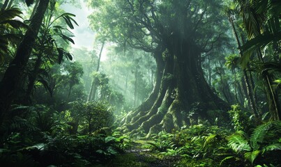 Obraz premium Lush rainforest with large tree roots.