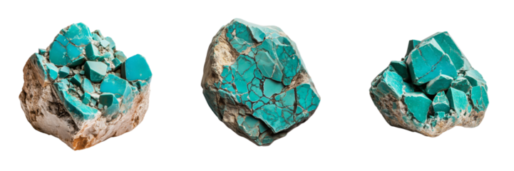 Set of Turquoise stone with a vivid blue-green color and natural matrix isolated on a transparent background