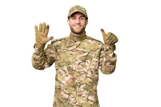Military man over isolated chroma key background counting six with fingers