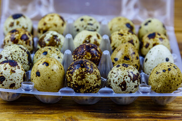 Spotted quail eggs in a plastic box. Healthy nutrition