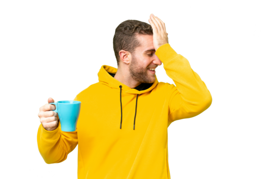 Young handsome blonde man holding cup of coffee over isolated background has realized something and intending the solution