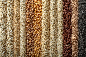 Organic Variety: Neatly Arranged Whole Grains Display &acirc;&euro;&ldquo; Oats, Barley, Millet, Amaranth. Fresh and Natural Ingredients Concept.