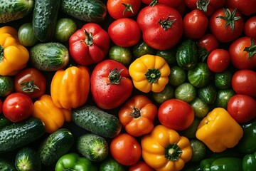 Fresh Mix of Colorful Nutrient-Rich Vegetables - Tomatoes, Cucumbers, Bell Peppers