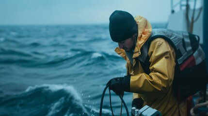 In cold, choppy waters, a person in a yellow raincoat focuses intently on a task aboard a rugged boat amid the intense sea spray and brooding sky.