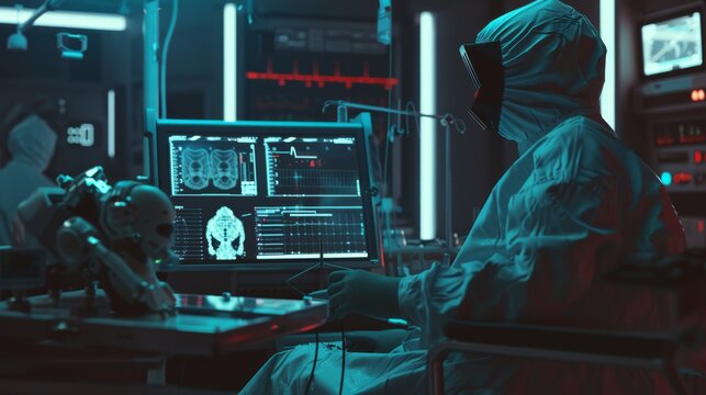 A scientist in protective gear operates robotic equipment in a dimly lit, high-tech lab filled with glowing screens of medical data.