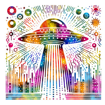 Ufo flying saucer watercolor poster modern painting artistic creative conceptual fantasy