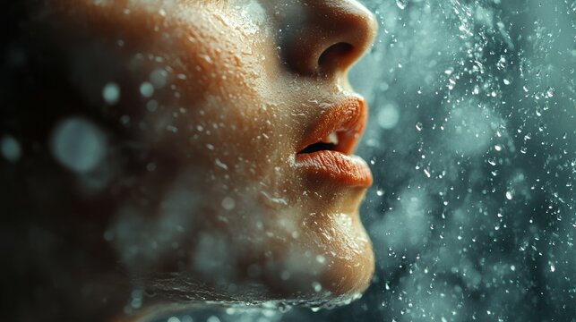 Cinematic slow-motion footage of a person coughing the expelled droplets frozen in time and magnified