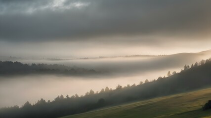 Obraz premium A soft, overcast sky with rolling fog moving across the landscape, creating a mysterious, dreamy atmosphere with light breaking through in soft beams