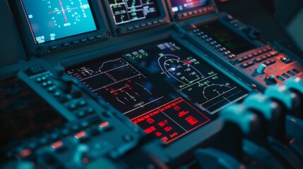 Fototapeta premium Close-up of control panels in an aircraft cockpit, filled with illuminated gauges and screens, signifying precision and high-tech operations.
