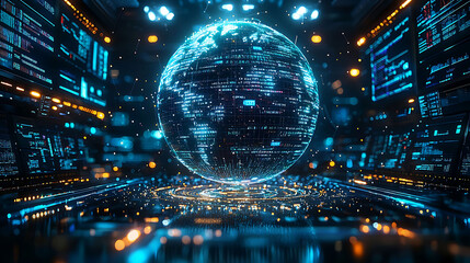 A digital rendering of the Earth surrounded by glowing data displays, representing global digital connectivity and data flow.