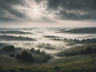 Obraz premium A soft, overcast sky with rolling fog moving across the landscape, creating a mysterious, dreamy atmosphere with light breaking through in soft beams