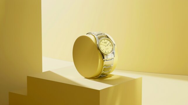 A sophisticated watch with metallic details rests on a minimalist yellow background, embodying elegance and precise craftsmanship in watchmaking.