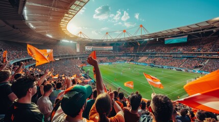 A sea of vibrant orange flags wave enthusiastically in the hands of a spirited crowd at a lively soccer stadium, brimming with excitement and unity.