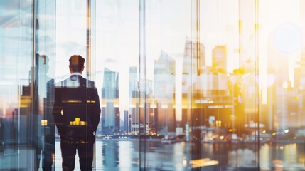 A business professional gazes out a tall glass window at the city skyline, contemplating new horizons and future opportunities.