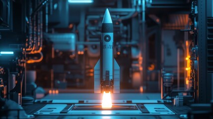 A small rocket ignites as it prepares for launch in a high-tech lab illuminated by blue and orange lights. The atmosphere is intense, showcasing advanced technology surrounding the launch pad.