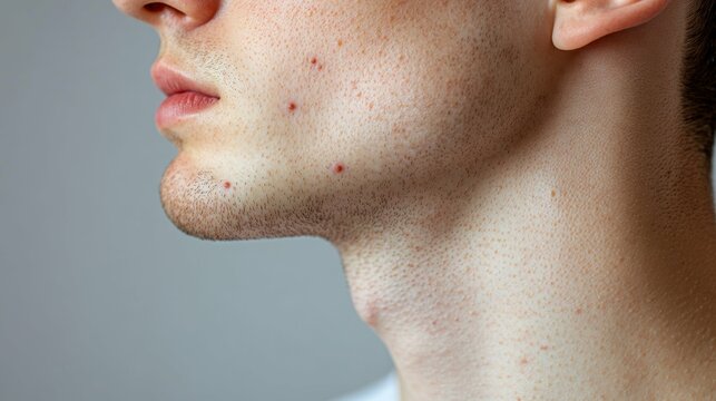 Side profile view of a person's neck, revealing the painful-looking blisters and crusting typical of herpes simplex