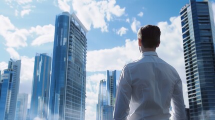 Fototapeta premium Admiring the skyscape, a man in a white shirt stands before towering skyscrapers under a dynamic, cloudy sky, embodying ambition and contemplation.