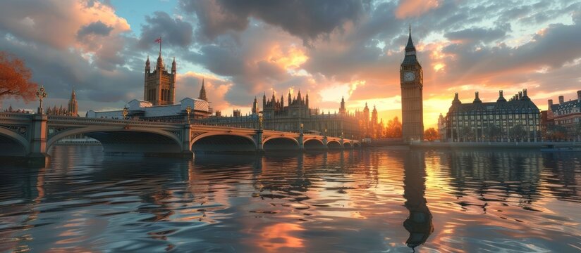 Stunning panoramic view of the River Thames in London England with the iconic Parliament building Big Ben clock tower and other famous Gothic architectural landmarks silhouetted against a dramatic