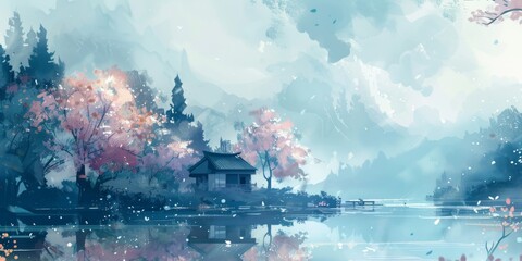 A serene landscape with a small house and a lake. The trees are covered in pink blossoms, creating a peaceful and calming atmosphere