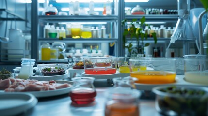 A laboratory workspace filled with colorful liquids in beakers and plates, reflecting vibrant research and experimentation.