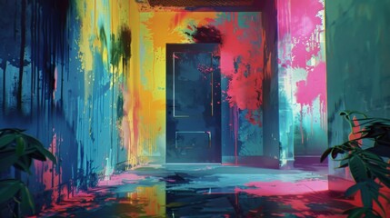 A colorful room with a door that is painted blue. The room is filled with paint splatters and has a graffiti-like feel to it