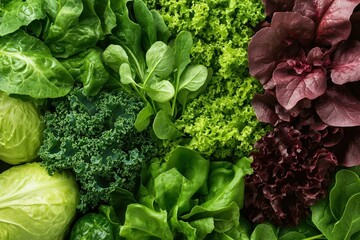 Overhead view of a variety of fresh, crisp leafy greens - kale spinach, arugula, and romaine lettuce