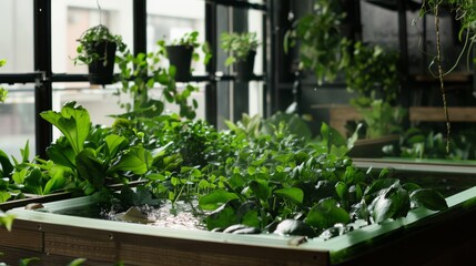Dense green foliage thrives in an indoor aquatic planter, creating a thriving, lush ecosystem within an urban setting.