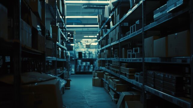 Dimly lit warehouse with rows of organized shelves, emanating a mysterious yet industrious ambiance amidst stacks of boxes.