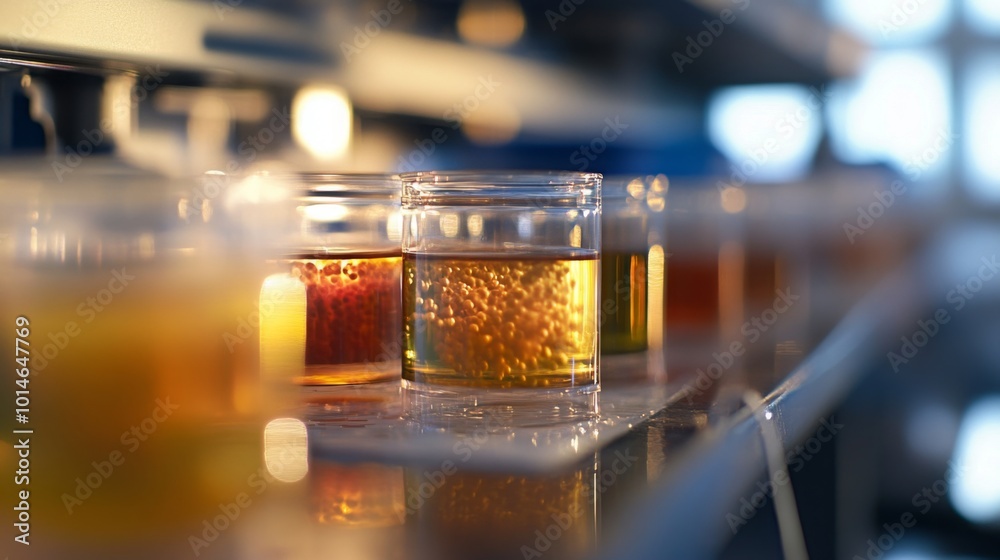 Aufkleber various glass jars containing brightly colored liquids are neatly arranged on a laboratory shelf. so