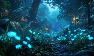 Glowing flowers in a dark, mysterious forest.