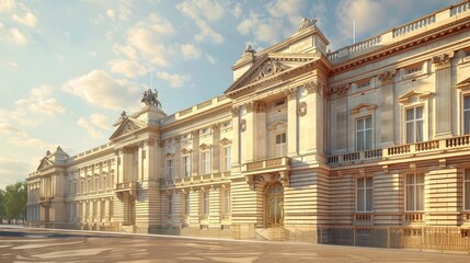 Naklejka premium Majestic Baroque Palace with Ornate Facade Columns Archways Domes and Other Decorative Architectural Elements Under a Bright Sunny Sky with Fluffy Clouds