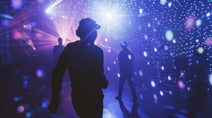 Silhouettes dance among cosmic lights in a celestial celebration of music and wonder, evoking starry dreams and rhythmic joy.