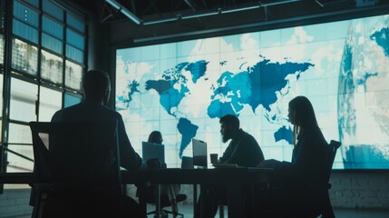 Executives engage in a strategic discussion in a dimly lit office, with a digital world map creating a global backdrop.