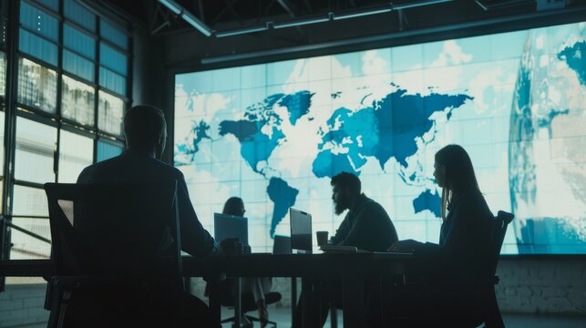 Executives engage in a strategic discussion in a dimly lit office, with a digital world map creating a global backdrop.
