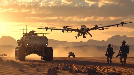 Silhouetted soldiers and military drones maneuver through a dusty desert at sunrise, with rugged mountains in the distance.