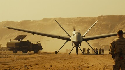 Troops prepare the launch of a drone in a desert environment, surrounded by vehicles and dust, illustrating tactical aerospace coordination.