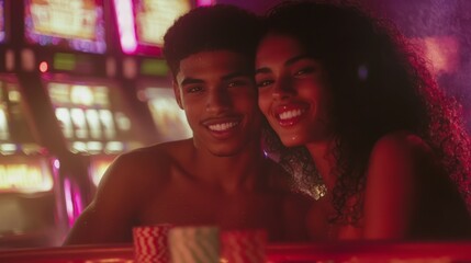 Excited Couple Celebrating Blackjack Win in Casino - Cinematic Candid Shot with Soft Glow of Slot Machines