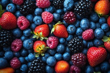 Vibrant Mix of Nutrient-Dense Berries - Blueberries, Raspberries, Blackberries, and Strawberries in Artful Array