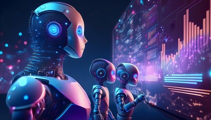 Robots against glowing data charts. AI technology, revolutionized interact with machines. ChatGPT, AI-powered chatbot, use machine learning to provide users with intelligent conversation.Generative ai