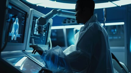 In a sleek, high-tech laboratory, a scientist in gloves interacts with cutting-edge screens, analyzing complex data on a digital interface.