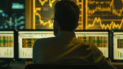 Obraz premium A dedicated individual in a well-lit room examines market charts across numerous screens, representing a blend of technology and commerce.