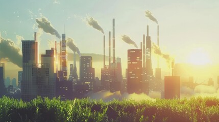Industrial skyline at sunrise, juxtaposing nature's serene fields with urban progress, highlighting environmental contrasts.