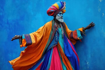 Fototapeta premium Epiphany Celebration: Joyful Person in Colorful Attire on Royal Blue Background