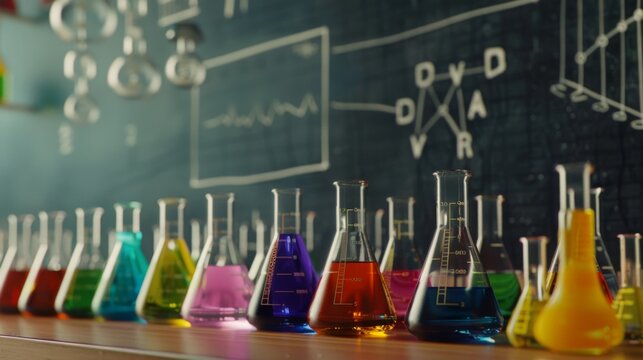 Beakers with vibrant colored liquids are lined up on a lab table in front of a chalkboard, symbolizing a colorful journey through scientific discovery and learning.