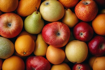 Close-up shot highlighting the firm smooth skin and vibrant colors of an array of apples, pears, and oranges